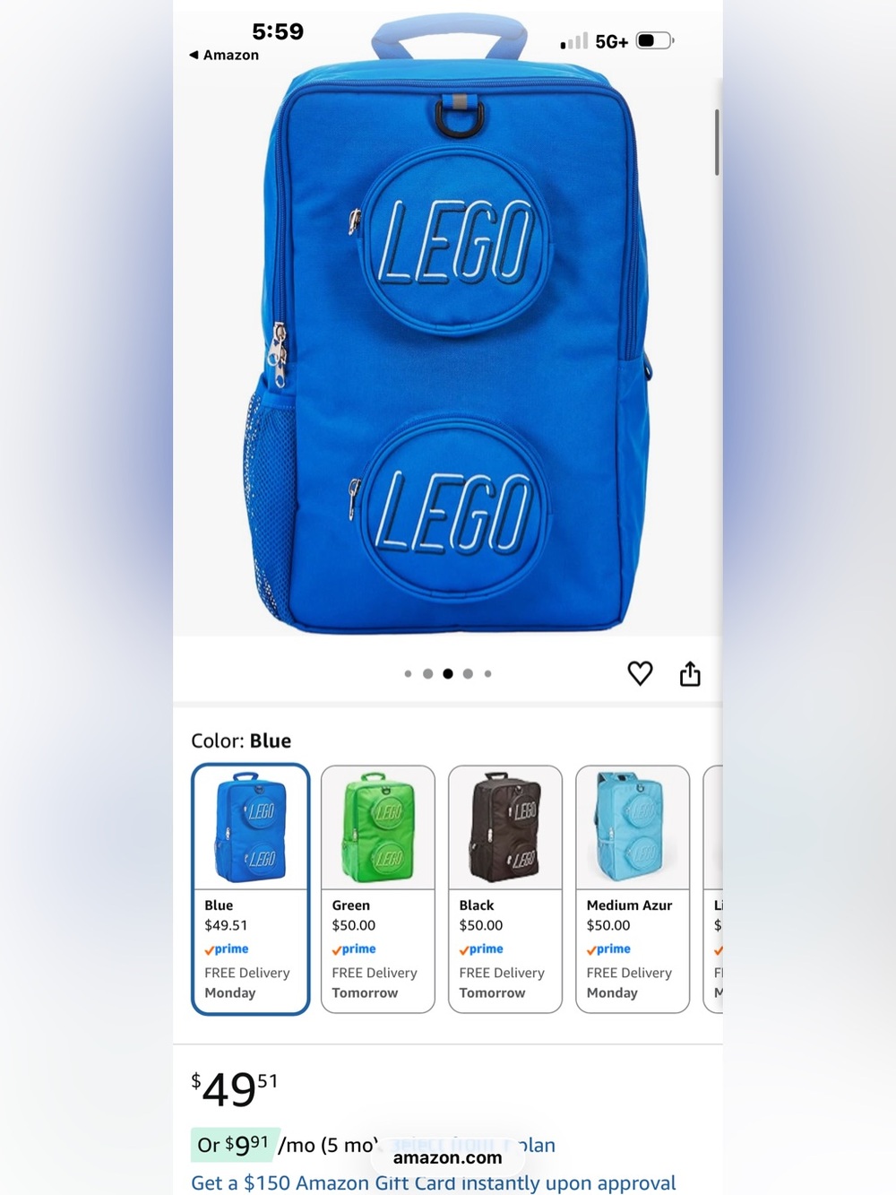 Lego Royal Blue Embossed Logo Backpack